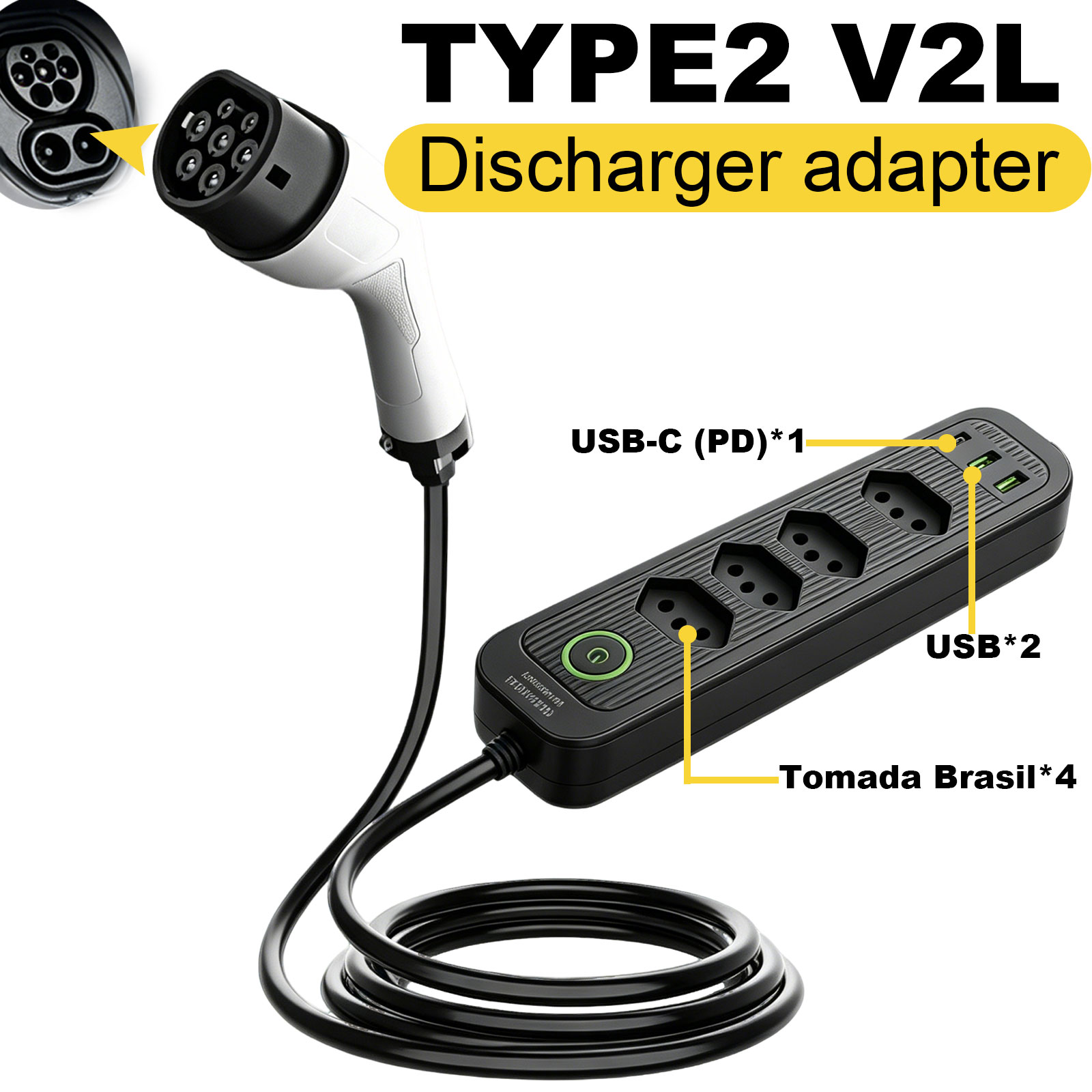 Outdoor Power Hub - タイプ2 V2L放電アダプター 16A ブラジルソケット EVから屋外電源ステーションへ BYD