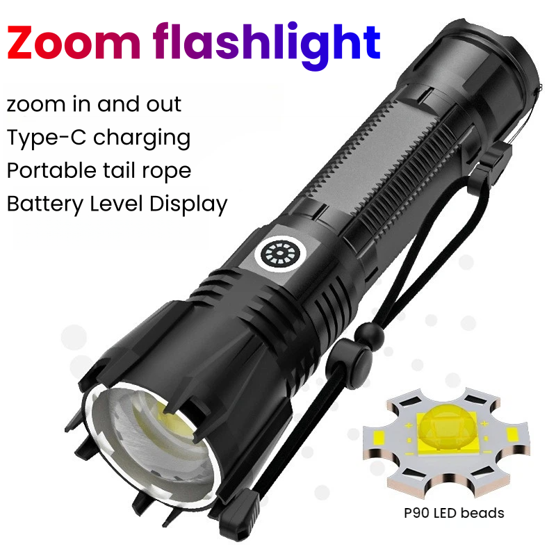 Outdoor Power Inc - 高出力 P90 LED 懐中電灯 TYPE-C 充電式ズームスポットライト防水トーチ、アウトドアキャンプや狩猟用
